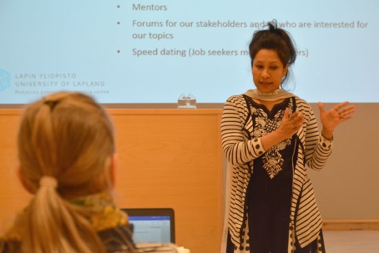 Nafisa explains objectives of the FOLO project during Symposium on Arctic Migration held in the Arctic Centre on December 7, 2016