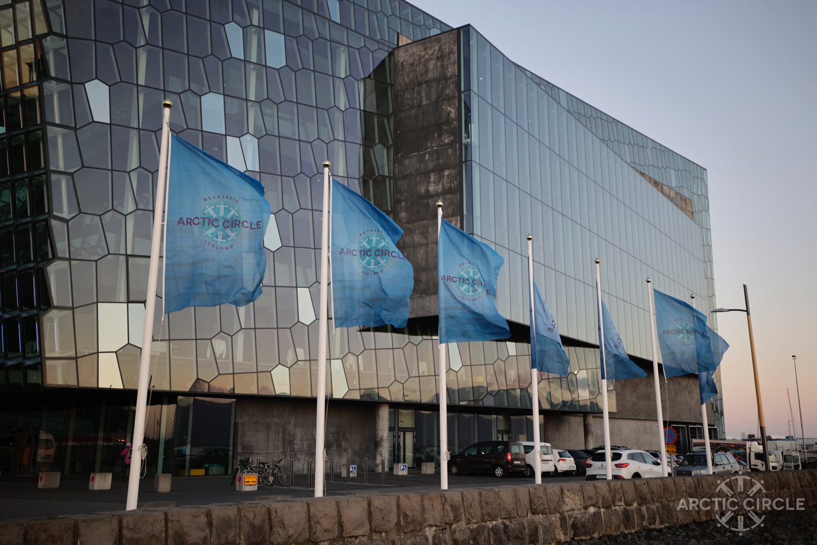 Arctic Circle flags in front of Harpa Conference Centre in Reykjavik, Iceland in 2021
